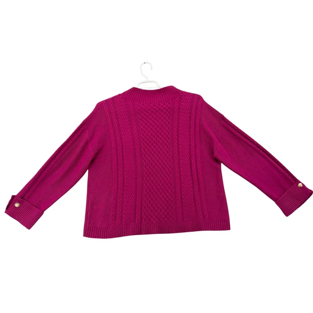 Talbots Womens XL Magenta Cable Knit Mock Neck Sweater Gold Button Cuffs